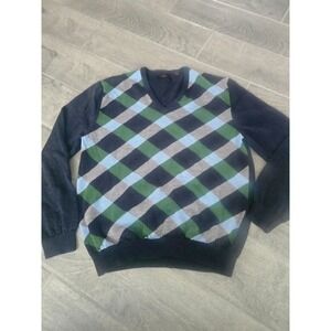 Callaway Mens Large Argyle V-Neck‎ Sweater 100% Merino Wool Navy Blue Green Golf